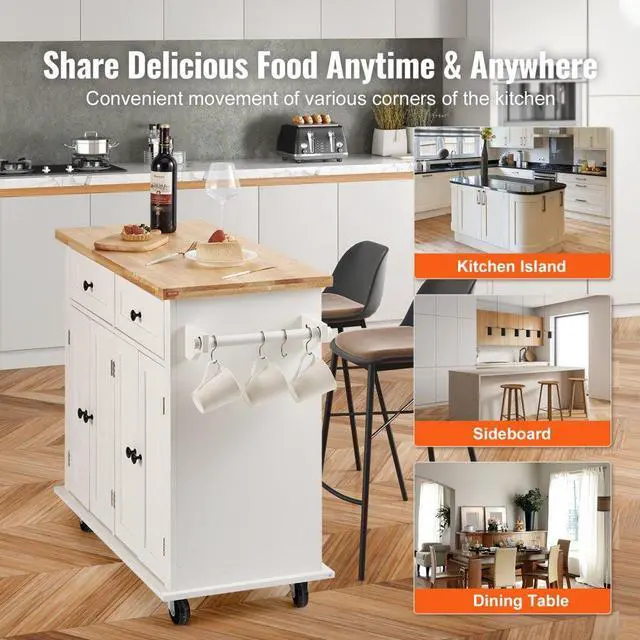Alt view image 5 of 7 - VEVOR Kitchen Island Cart with Solid Wood Top, 35.4" Width Mobile Carts with Storage Cabinet, Rolling Kitchen Table with Spice Rack, Towel Rack, and Drawer, Portable Islands on Wheels, White