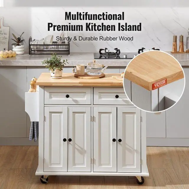 Alt view image 6 of 7 - VEVOR Kitchen Island Cart with Solid Wood Top, 35.4" Width Mobile Carts with Storage Cabinet, Rolling Kitchen Table with Spice Rack, Towel Rack, and Drawer, Portable Islands on Wheels, White
