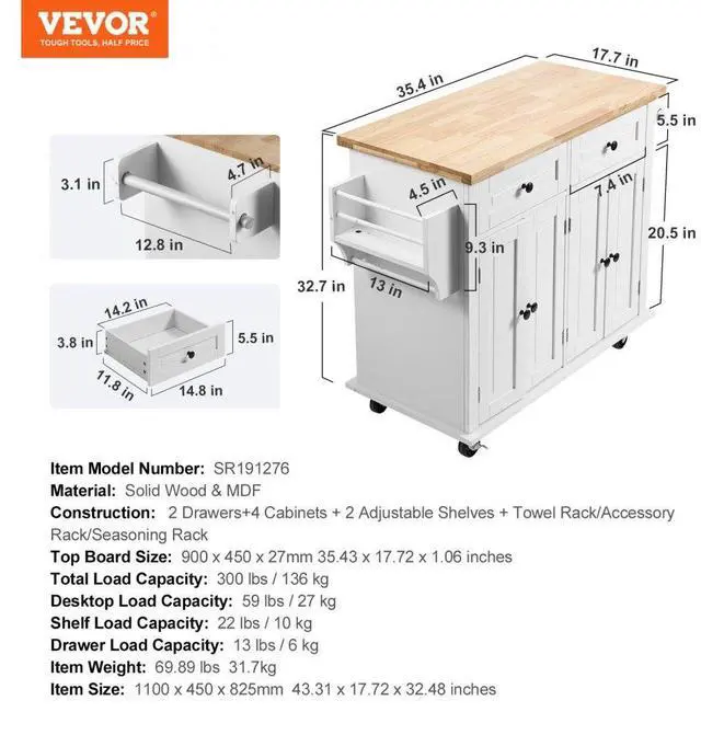 Alt view image 7 of 7 - VEVOR Kitchen Island Cart with Solid Wood Top, 35.4" Width Mobile Carts with Storage Cabinet, Rolling Kitchen Table with Spice Rack, Towel Rack, and Drawer, Portable Islands on Wheels, White