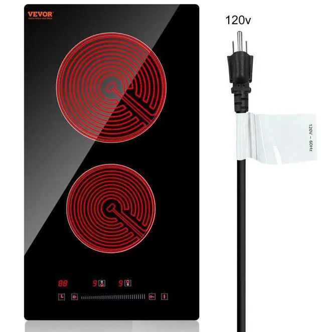 Main image of VEVOR Built in Electric Stove Top, 12 inch 2 Burners, Glass Radiant Cooktop with Sensor Touch Control, Timer & Child Lock Included, 9 Power Levels for Simmer Steam Slow Cook Fry,110V with US Plug