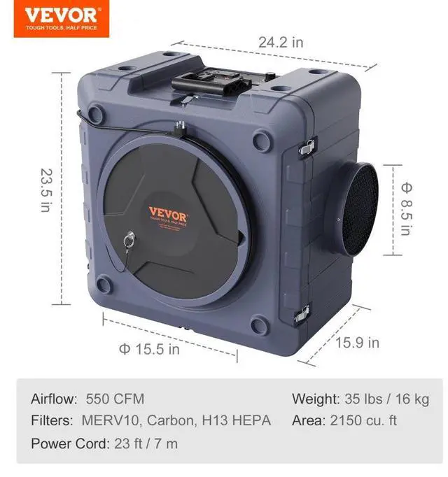 Alt view image 7 of 15 - VEVOR Air Scrubber with 3-Stage Filtration, Stackable Negative Air Machine 550 CFM, Air Cleaner with MERV10, Carbon, H13 HEPA, for Home, Industrial and Commercial Use