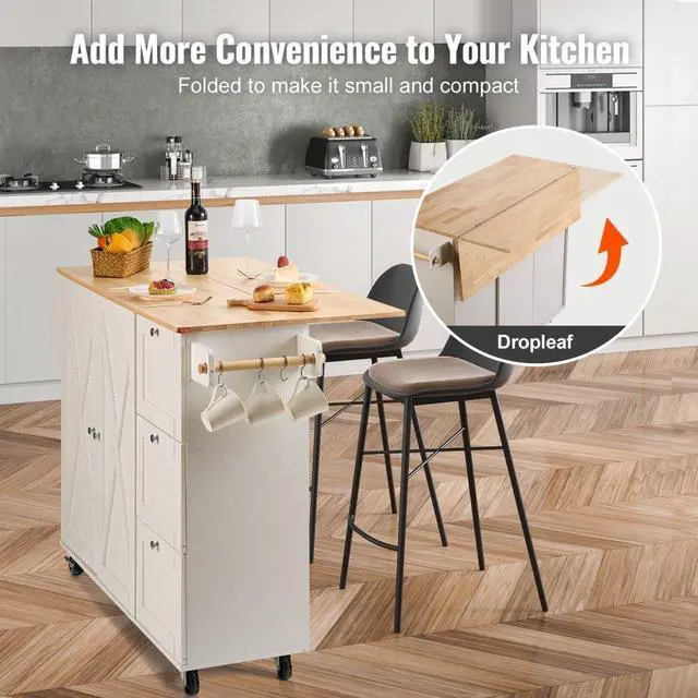 Alt view image 6 of 7 - VEVOR Kitchen Island Cart with Solid Wood Top, 45.3" Width Mobile Carts with Storage Cabinet, Rolling Kitchen Table with Spice Rack, Towel Rack, Drop Leaf and Drawer, Portable Islands on Wheels, White