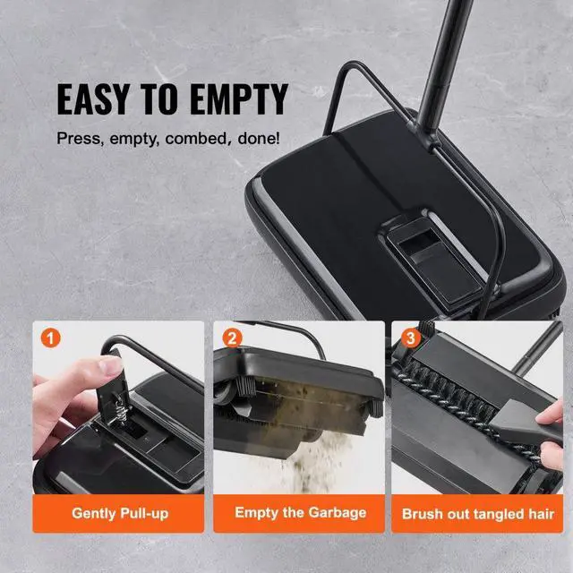 Alt view image 4 of 7 - VEVOR Carpet Sweeper, 7.87 in Sweeping Paths, Floor Sweeper Manual Non Electric, 300 ml Dustbin Capacity with Comb for Home Office Rugs Hardwood Surfaces Wood Floors Laminate, Cleans Dust Pet Hair