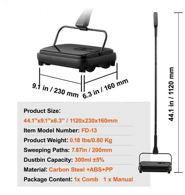 Alt view image 7 of 7 - VEVOR Carpet Sweeper, 7.87 in Sweeping Paths, Floor Sweeper Manual Non Electric, 300 ml Dustbin Capacity with Comb for Home Office Rugs Hardwood Surfaces Wood Floors Laminate, Cleans Dust Pet Hair