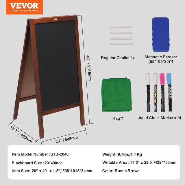 Alt view image 7 of 14 - VEVOR A Frame Chalkboard Sign, Double-Sided Sidewalk Signs, Freestanding Vintage Wooden Chalk Board with Chalks & Magnetic Eraser, Rustic Brown Outdoor Sandwich Board, 20"x40", Kitchen Home Wedding