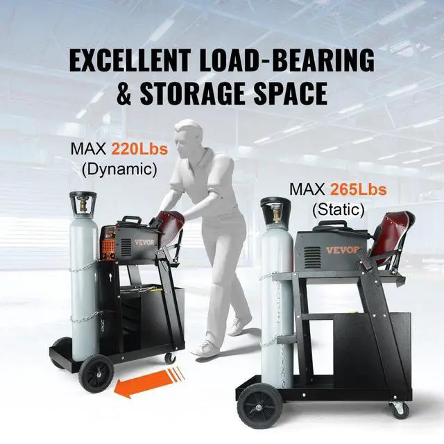 Alt view image 3 of 14 - VEVOR Welding Cart, 2-Tier 4 Drawers Welder Cart with 265 LBS Weight Capacity, 360° Swivel Wheels, Tank Storage Safety Chains, Heavy Duty Rolling MIG Welder Cart for Mig Welder and Plasma Cutter