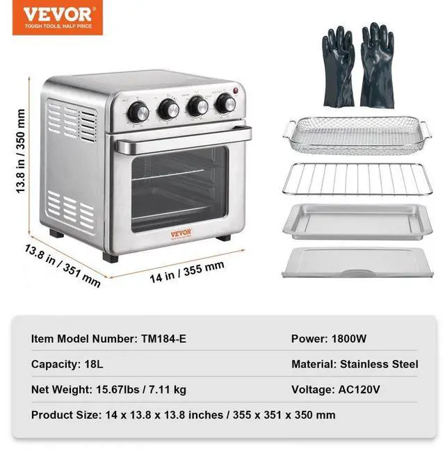Alt view image 7 of 7 - VEVOR 7-IN-1 Air Fryer Toaster Oven, 18L Convection Oven, 1700W Stainless Steel Toaster Ovens Countertop Combo with Grill, Pizza Pan, Gloves, 6 Slices Toast, 10-inch Pizza, Home and Commercial Use