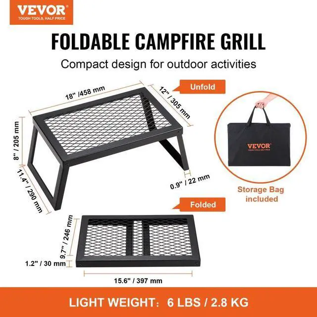 Alt view image 2 of 7 - VEVOR Folding Campfire Grill, Heavy Duty Steel Mesh Grate, 18" Portable Camping Grates Over Fire Pit, Camp Fire Cooking Equipment with Legs Carrying Bag, Grilling Rack for Outdoor Open Flame Cooking
