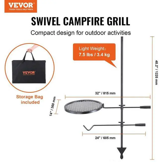 Alt view image 2 of 7 - VEVOR Swivel Campfire Grill, Fire Pit Grill Grate over Fire Pits, Heavy Duty Steel Grill Grates, 360° Adjustable Open Fire Outdoor Cooking Equipment, Portable Camp Fire Racks for Camping Outdoor BBQ