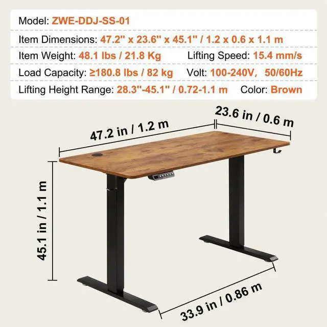 Alt view image 7 of 7 - VEVOR Height Adjustable Desk, 47.2 x 23.6 in1.2m*0.6m, 3-Key Modes Electric Standing Desk, Whole Piece Desk Board, Sturdy Dual Metal Frame, Max. Loading 180 LBS Computer Sit Stand up Desk, for Home