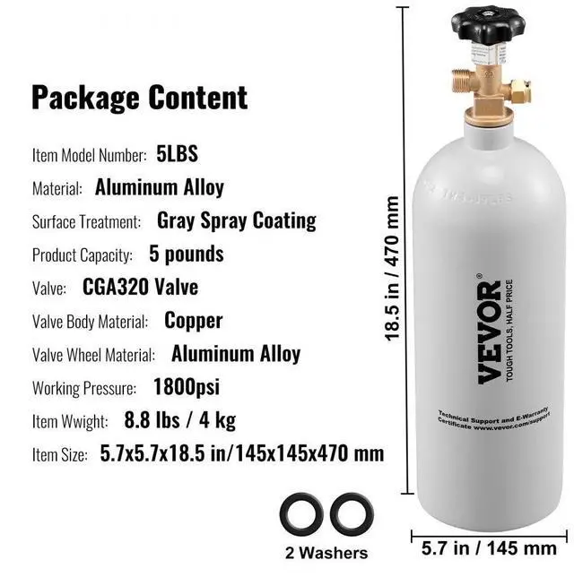 Alt view image 7 of 14 - VEVOR 5 Lbs CO2 Tank Aluminum Gas Cylinder, Brand New CO2 Cylinder with Gray Spray Coating, CO2 Tank with CGA320 Valve, For Draft Soda Beer