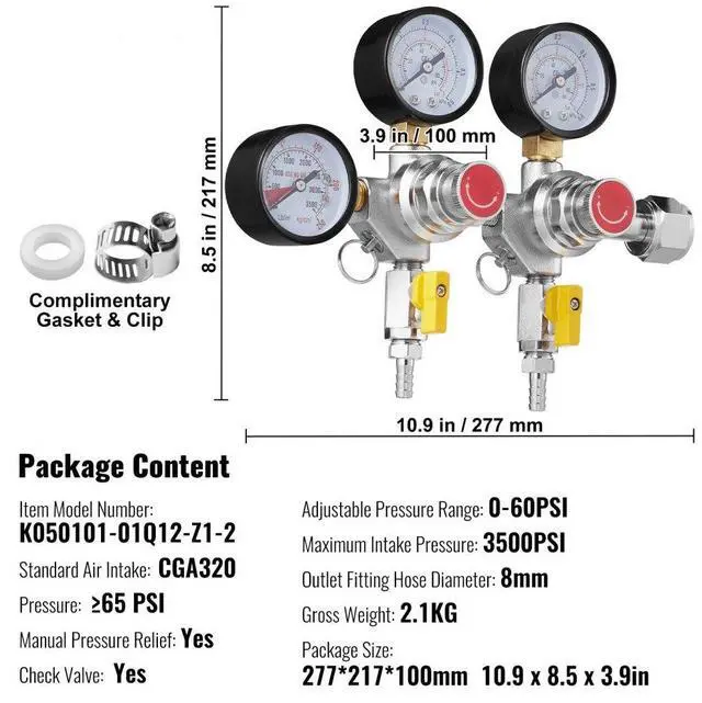 Alt view image 7 of 14 - VEVOR Triple Gauge Regulator, CO2 Regulator Gauge with 0-60PSI, Heavy Duty CO2 Gauge Gas System, Draft Beer Regulator with Check Valve, Adjustable Pressure Regulator for Draft Beer Homebrew, CGA320