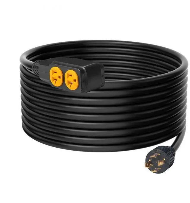 Main image of VEVOR 30-Amp Generator Extension Cord, 25 Feet, 125V 3750W Heavy Duty Generator Outdoor Power Cord, NEMA L14-30P / Four NEMA 5-20R STJW Flexible Power Cable with Twist Lock Connectors, for Generators
