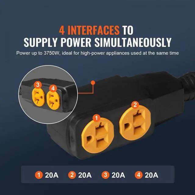 Alt view image 5 of 7 - VEVOR 30-Amp Generator Extension Cord, 25 Feet, 125V 3750W Heavy Duty Generator Outdoor Power Cord, NEMA L14-30P / Four NEMA 5-20R STJW Flexible Power Cable with Twist Lock Connectors, for Generators
