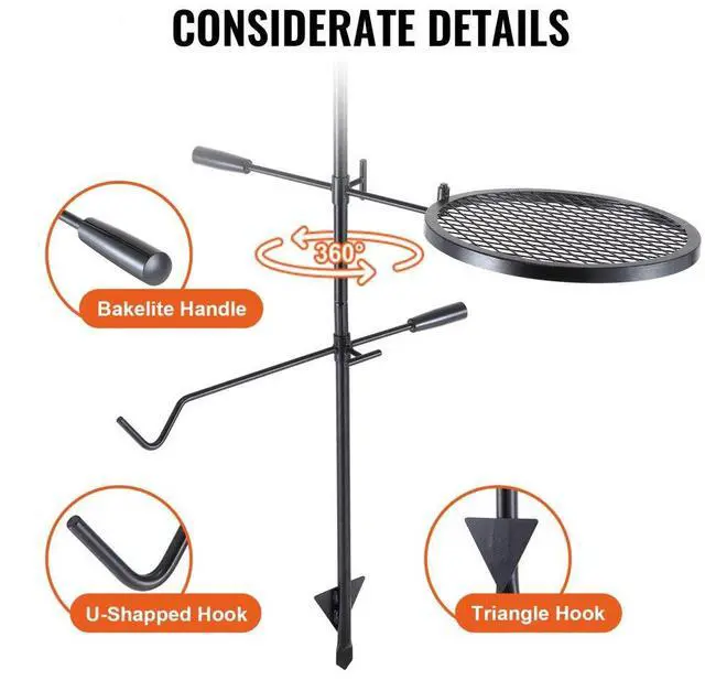 Alt view image 4 of 7 - VEVOR Swivel Campfire Grill, Fire Pit Grill Grate over Fire Pits, Heavy Duty Steel Grill Grates, 360° Adjustable Open Fire Outdoor Cooking Equipment, Portable Camp Fire Racks for Camping Outdoor BBQ
