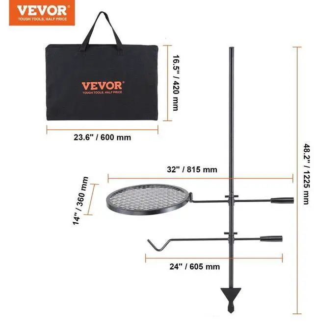 Alt view image 7 of 7 - VEVOR Swivel Campfire Grill, Fire Pit Grill Grate over Fire Pits, Heavy Duty Steel Grill Grates, 360° Adjustable Open Fire Outdoor Cooking Equipment, Portable Camp Fire Racks for Camping Outdoor BBQ