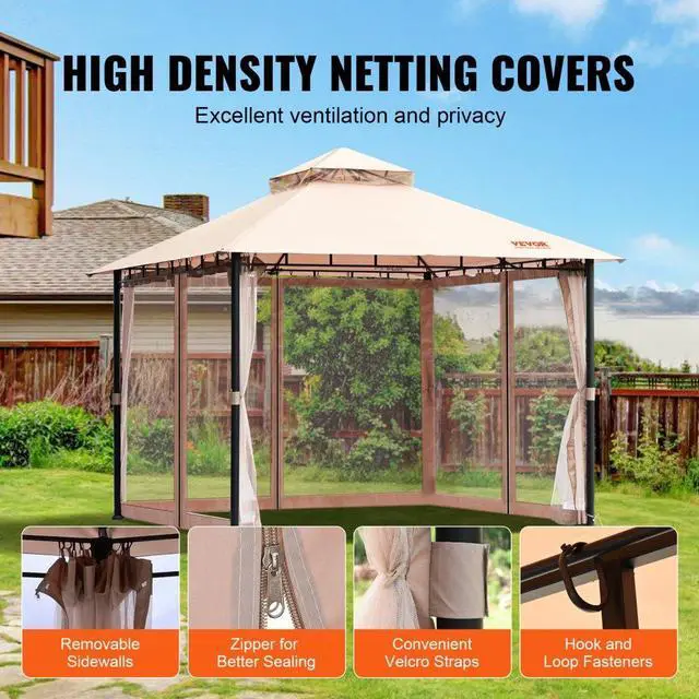 Alt view image 5 of 7 - VEVOR Patio Gazebo for 6-8 Person, 10 x 10 FT Backyard Gazebo, with Mosquito Netting, Metal Frame, and PU Coated 180G Polyester, Outdoor Canopy Shelter for Patio, Backyard, Lawn, Garden, Deck