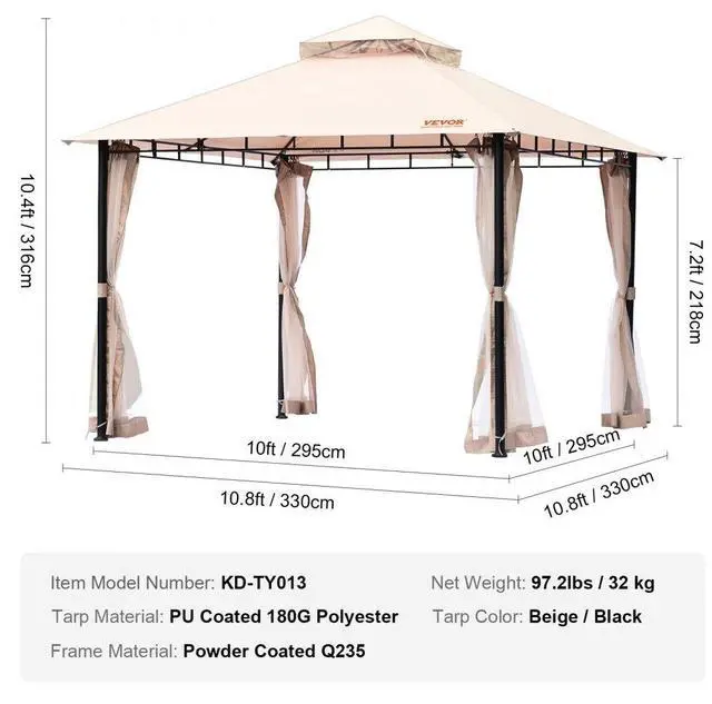 Alt view image 7 of 7 - VEVOR Patio Gazebo for 6-8 Person, 10 x 10 FT Backyard Gazebo, with Mosquito Netting, Metal Frame, and PU Coated 180G Polyester, Outdoor Canopy Shelter for Patio, Backyard, Lawn, Garden, Deck