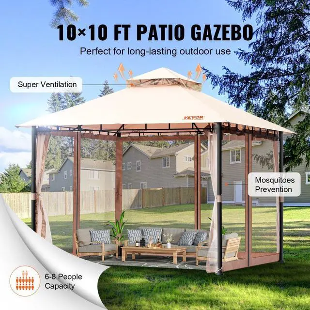 Alt view image 6 of 7 - VEVOR Patio Gazebo for 6-8 Person, 10 x 10 FT Backyard Gazebo, with Mosquito Netting, Metal Frame, and PU Coated 180G Polyester, Outdoor Canopy Shelter for Patio, Backyard, Lawn, Garden, Deck