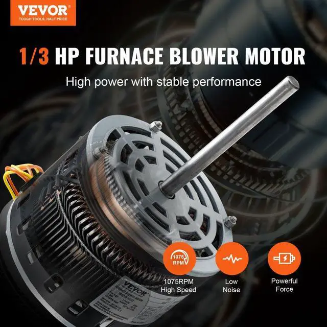 Alt view image 2 of 14 - VEVOR 1/3HP Furnace Blower Motor, 110/120V 4.4Amps, 1075RPM 4 Speeds, CW/CCW Rotation, 48 Frame 5.2" Shaft Length, 5F/370V Capacitor + 11" Hold Hoop
