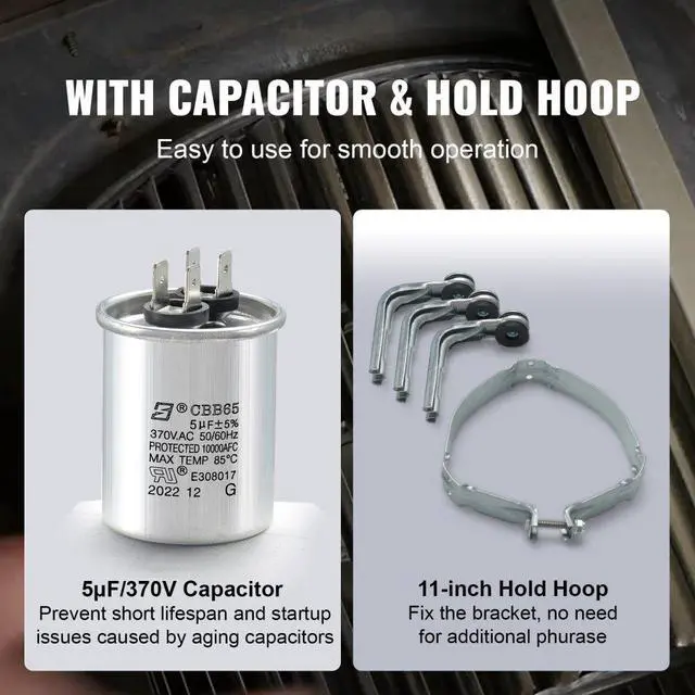 Alt view image 3 of 14 - VEVOR 1/3HP Furnace Blower Motor, 110/120V 4.4Amps, 1075RPM 4 Speeds, CW/CCW Rotation, 48 Frame 5.2" Shaft Length, 5F/370V Capacitor + 11" Hold Hoop