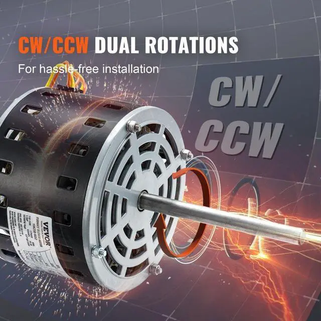 Alt view image 5 of 14 - VEVOR 1/3HP Furnace Blower Motor, 110/120V 4.4Amps, 1075RPM 4 Speeds, CW/CCW Rotation, 48 Frame 5.2" Shaft Length, 5F/370V Capacitor + 11" Hold Hoop