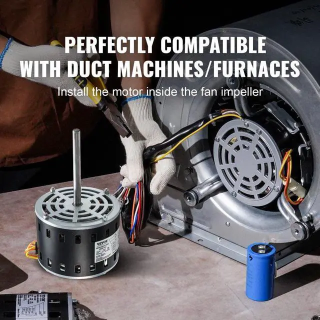 Alt view image 6 of 14 - VEVOR 1/3HP Furnace Blower Motor, 110/120V 4.4Amps, 1075RPM 4 Speeds, CW/CCW Rotation, 48 Frame 5.2" Shaft Length, 5F/370V Capacitor + 11" Hold Hoop