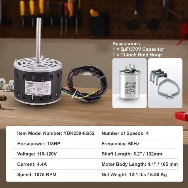 Alt view image 7 of 14 - VEVOR 1/3HP Furnace Blower Motor, 110/120V 4.4Amps, 1075RPM 4 Speeds, CW/CCW Rotation, 48 Frame 5.2" Shaft Length, 5F/370V Capacitor + 11" Hold Hoop