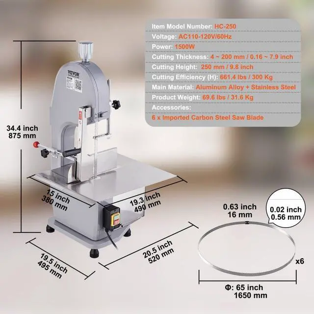 Alt view image 7 of 14 - VEVOR Commercial Electric Meat Bandsaw, 1500W Stainless Steel Countertop Bone Sawing Machine, Workbeach 19.3" x 15", 0.16-7.9 Inch Cutting Thickness, Frozen Meat Cutter with 6 Blades for Rib Pork Beef