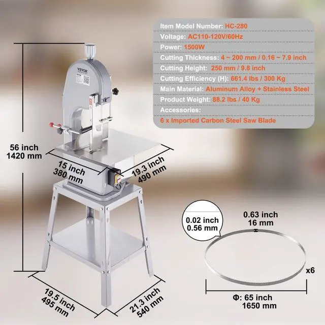 Alt view image 7 of 14 - VEVOR Commercial Electric Meat Bandsaw, 1500W Stainless Steel Vertical Bone Sawing Machine, Workbeach 19.3" x 15", 0.16-7.9 Inch Cutting Thickness, Frozen Meat Cutter with 6 Blades for Rib Pork Beef