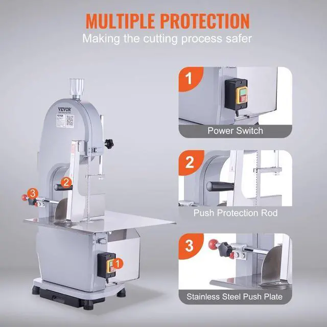 Alt view image 6 of 14 - VEVOR Commercial Electric Meat Bandsaw, 1100W Stainless Steel Countertop Bone Sawing Machine, Workbeach 19.3" x 15", 0.16-7.9 Inch Cutting Thickness, Frozen Meat Cutter with 6 Blades for Rib Pork Beef