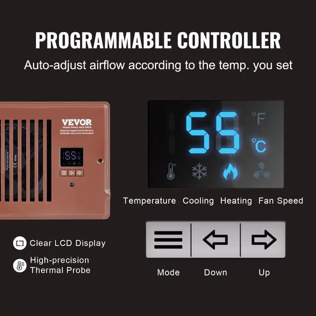 Alt view image 4 of 7 - VEVOR Register Booster Fan, Quiet Vent Booster Fan Fits 4 x 10 Register Holes, with Remote Control and Thermostat Control, Adjustable Speed for Heating Cooling Smart Vent, Brown