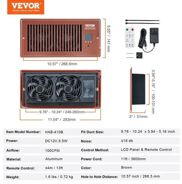 Alt view image 7 of 7 - VEVOR Register Booster Fan, Quiet Vent Booster Fan Fits 4 x 10 Register Holes, with Remote Control and Thermostat Control, Adjustable Speed for Heating Cooling Smart Vent, Brown