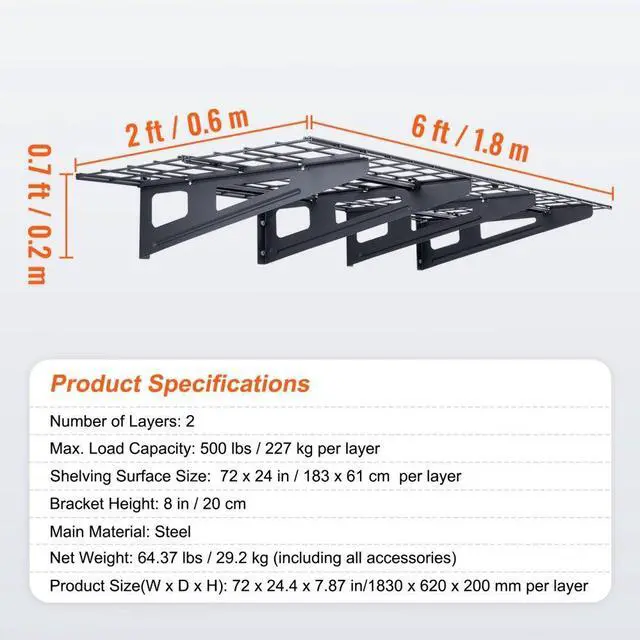 Alt view image 7 of 7 - VEVOR Garage Storage Shelving, 2 Pack, 6 x 2 ft Heavy Duty Garage Shelves Wall Mounted, 1000 lbs Load Capacity(Total) Garage Storage Rack Floating Shelves, Suitable for Shop, Shed, Garage Storage