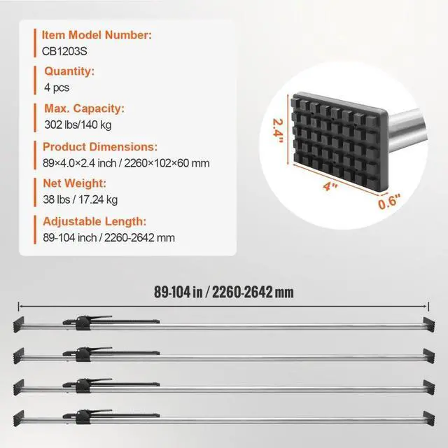 Alt view image 7 of 7 - VEVOR Cargo Bar, Ratcheting Cargo Bar Adjustable from 89" to 104", Heavy-duty Steel Cargo Stabilizer Bar with 309 lbs Capacity, Truck Bed Load Bar for Pickup Truck Bed, Trailer, Semi Trailer (4 pcs)