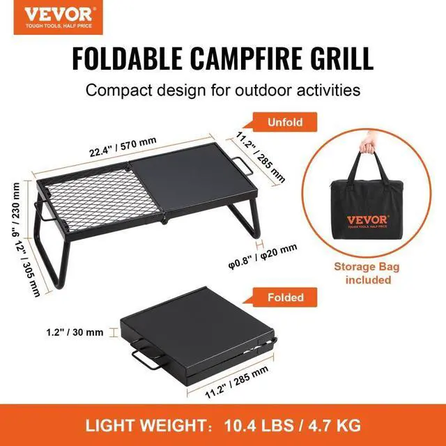 Alt view image 2 of 7 - VEVOR Folding Campfire Grill, Heavy Duty Steel Mesh Grate, 22.4" Portable Camping Grates Over Fire Pit, Camp Fire Cooking Equipment with Legs Carrying Bag, Grilling Rack for Outdoor Open Flame Cooking
