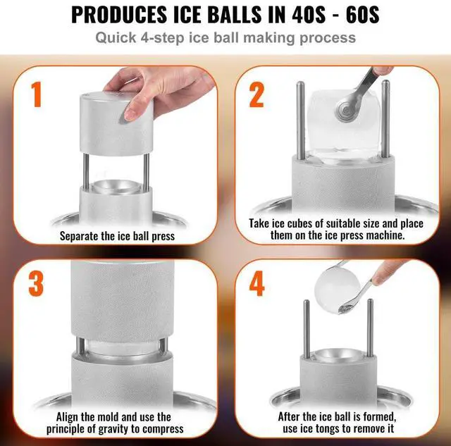 Alt view image 3 of 7 - VEVOR Ice Ball Press, 2.4" Ice Ball Maker, Aircraft Al Alloy Ice Ball Press Kit for 60mm Ice Sphere, Ice Press with Tong and Drip Tray, for Whiskey, Cocktail, Bourbon, Scot on Party & Holiday, Silver