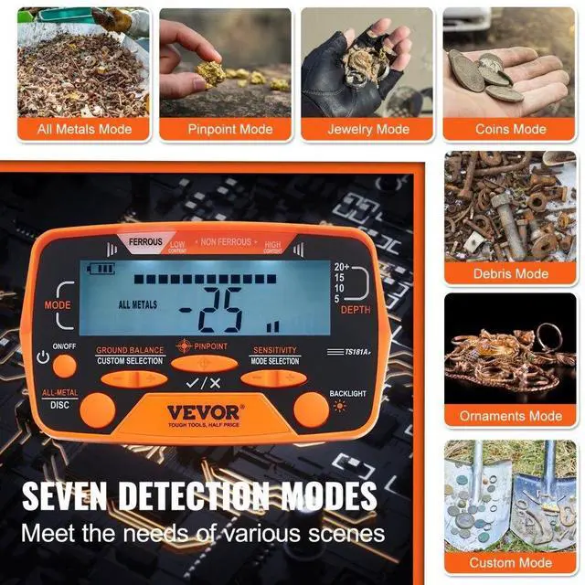 Alt view image 4 of 7 - VEVOR Metal Detector for Adults & Kids, 10 Inch Waterproof Search Coil with LCD Display 7 Modes, Adjustable 41''-52'' Aluminum Stem, DSP Chip Higher Accuracy Gold Detector 10'' Detection Depth