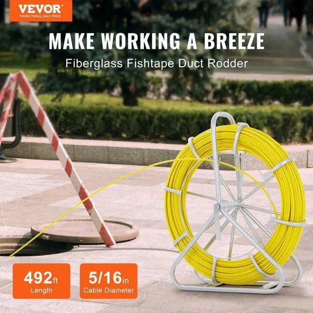 Alt view image 2 of 7 - VEVOR Fish Tape Fiberglass, 492 ft, 5/16 in, Duct Rodder Fishtape Wire Puller, Cable Running Rod with Steel Reel Stand, 3 Pulling Heads, Fishing Tools for Walls and Electrical Conduit, Non-Conductive