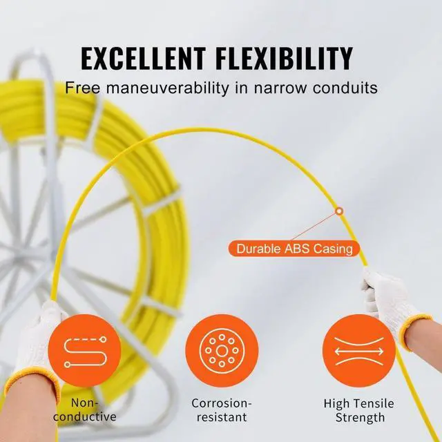 Alt view image 3 of 7 - VEVOR Fish Tape Fiberglass, 492 ft, 5/16 in, Duct Rodder Fishtape Wire Puller, Cable Running Rod with Steel Reel Stand, 3 Pulling Heads, Fishing Tools for Walls and Electrical Conduit, Non-Conductive