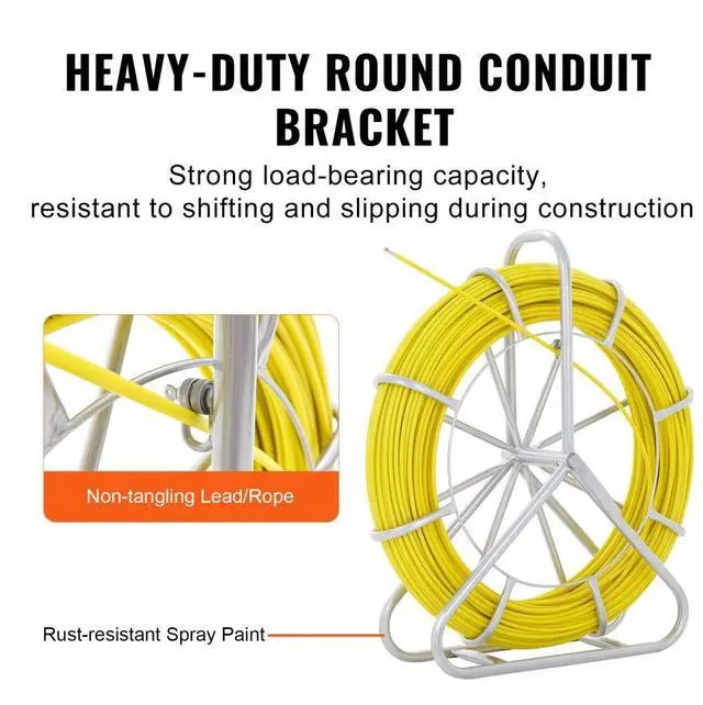 Alt view image 4 of 7 - VEVOR Fish Tape Fiberglass, 492 ft, 5/16 in, Duct Rodder Fishtape Wire Puller, Cable Running Rod with Steel Reel Stand, 3 Pulling Heads, Fishing Tools for Walls and Electrical Conduit, Non-Conductive