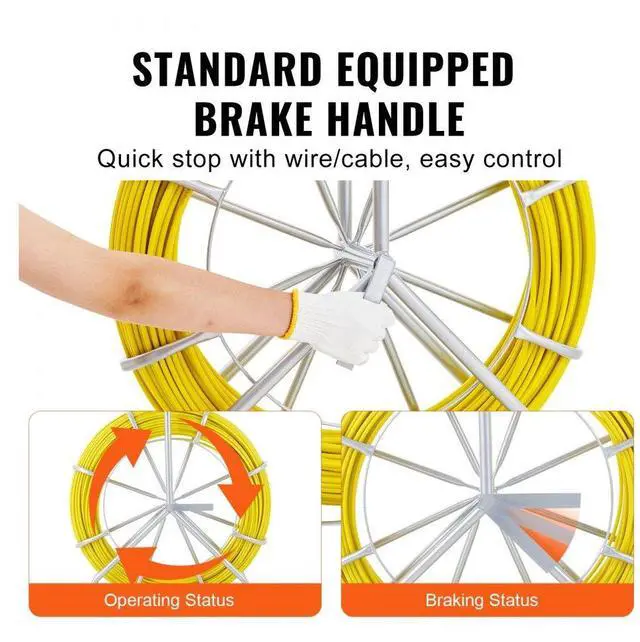 Alt view image 5 of 7 - VEVOR Fish Tape Fiberglass, 492 ft, 5/16 in, Duct Rodder Fishtape Wire Puller, Cable Running Rod with Steel Reel Stand, 3 Pulling Heads, Fishing Tools for Walls and Electrical Conduit, Non-Conductive