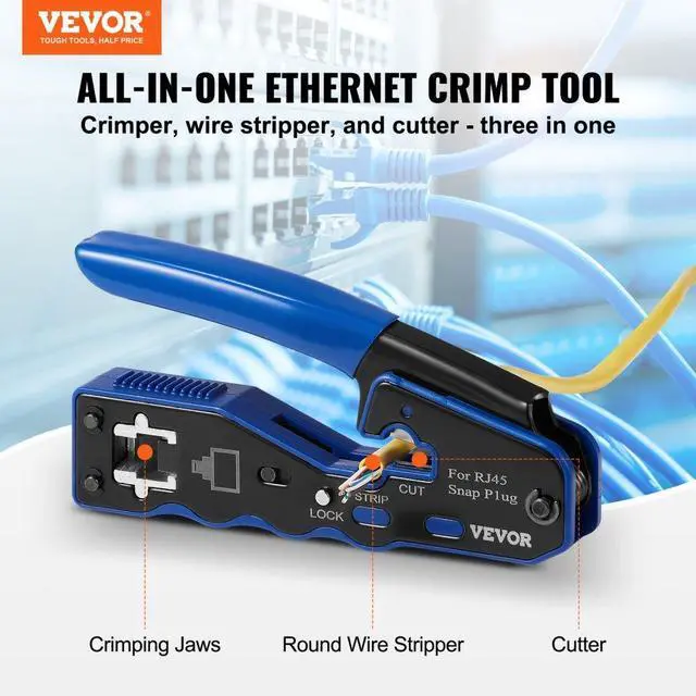 Alt view image 2 of 7 - VEVOR RJ45 Crimp Tool Kit, Cat5e/Cat6/Cat6a Pass Through Ethernet Crimper for 8P8C Modular Plugs with 20pcs Connectors and 20pcs Covers, Wire Stripper and Network Tester
