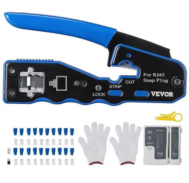 Main image of VEVOR RJ45 Crimp Tool Kit, Cat5e/Cat6/Cat6a Pass Through Ethernet Crimper for 8P8C Modular Plugs with 20pcs Connectors and 20pcs Covers, Wire Stripper and Network Tester