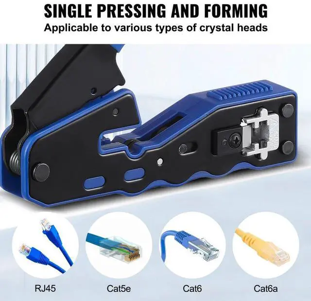 Alt view image 3 of 7 - VEVOR RJ45 Crimp Tool Kit, Cat5e/Cat6/Cat6a Pass Through Ethernet Crimper for 8P8C Modular Plugs with 20pcs Connectors and 20pcs Covers, Wire Stripper and Network Tester