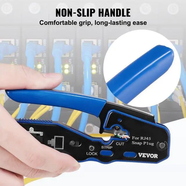 Alt view image 6 of 7 - VEVOR RJ45 Crimp Tool Kit, Cat5e/Cat6/Cat6a Pass Through Ethernet Crimper for 8P8C Modular Plugs with 20pcs Connectors and 20pcs Covers, Wire Stripper and Network Tester