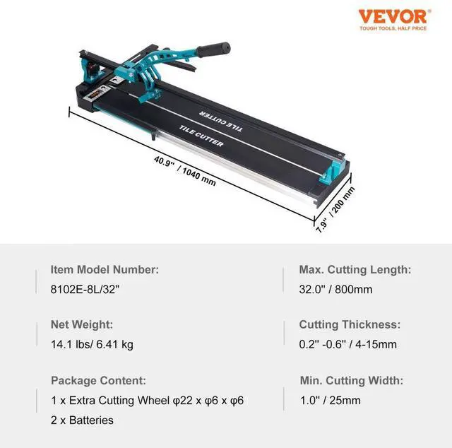 Alt view image 7 of 7 - VEVOR Manual Tile Cutter, 32 inch, Porcelain Ceramic Tile Cutter with Tungsten Carbide Cutting Wheel, Infrared Positioning, Anti-Skid Feet, Durable Rails for professional installers or beginners