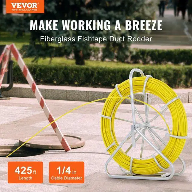 Alt view image 2 of 7 - VEVOR Fish Tape Fiberglass, 425 ft, 1/4 inch, Duct Rodder Fishtape Wire Puller, Cable Running Rod with Steel Reel Stand, 3 Pulling Heads, Fishing Tools for Walls and Electrical Conduit, Non-Conductive