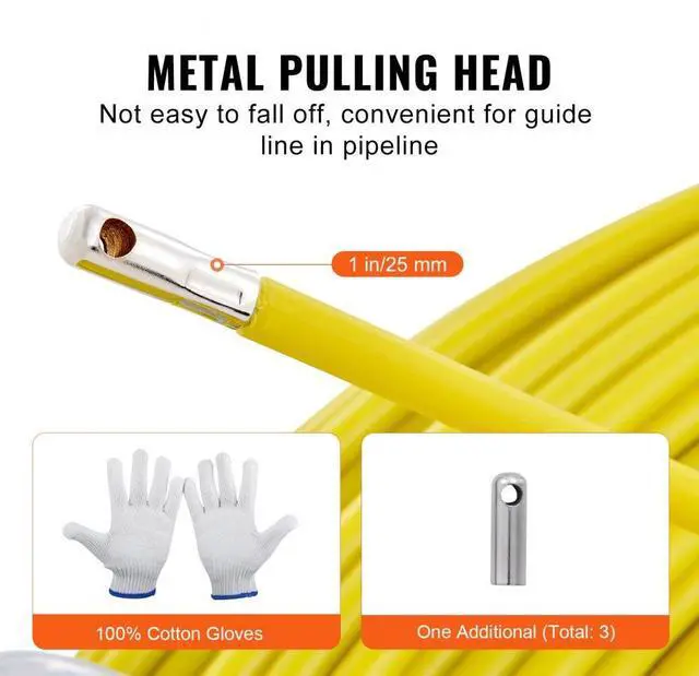 Alt view image 6 of 7 - VEVOR Fish Tape Fiberglass, 425 ft, 1/4 inch, Duct Rodder Fishtape Wire Puller, Cable Running Rod with Steel Reel Stand, 3 Pulling Heads, Fishing Tools for Walls and Electrical Conduit, Non-Conductive