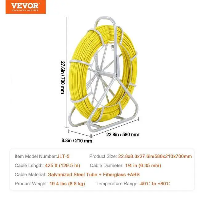 Alt view image 7 of 7 - VEVOR Fish Tape Fiberglass, 425 ft, 1/4 inch, Duct Rodder Fishtape Wire Puller, Cable Running Rod with Steel Reel Stand, 3 Pulling Heads, Fishing Tools for Walls and Electrical Conduit, Non-Conductive